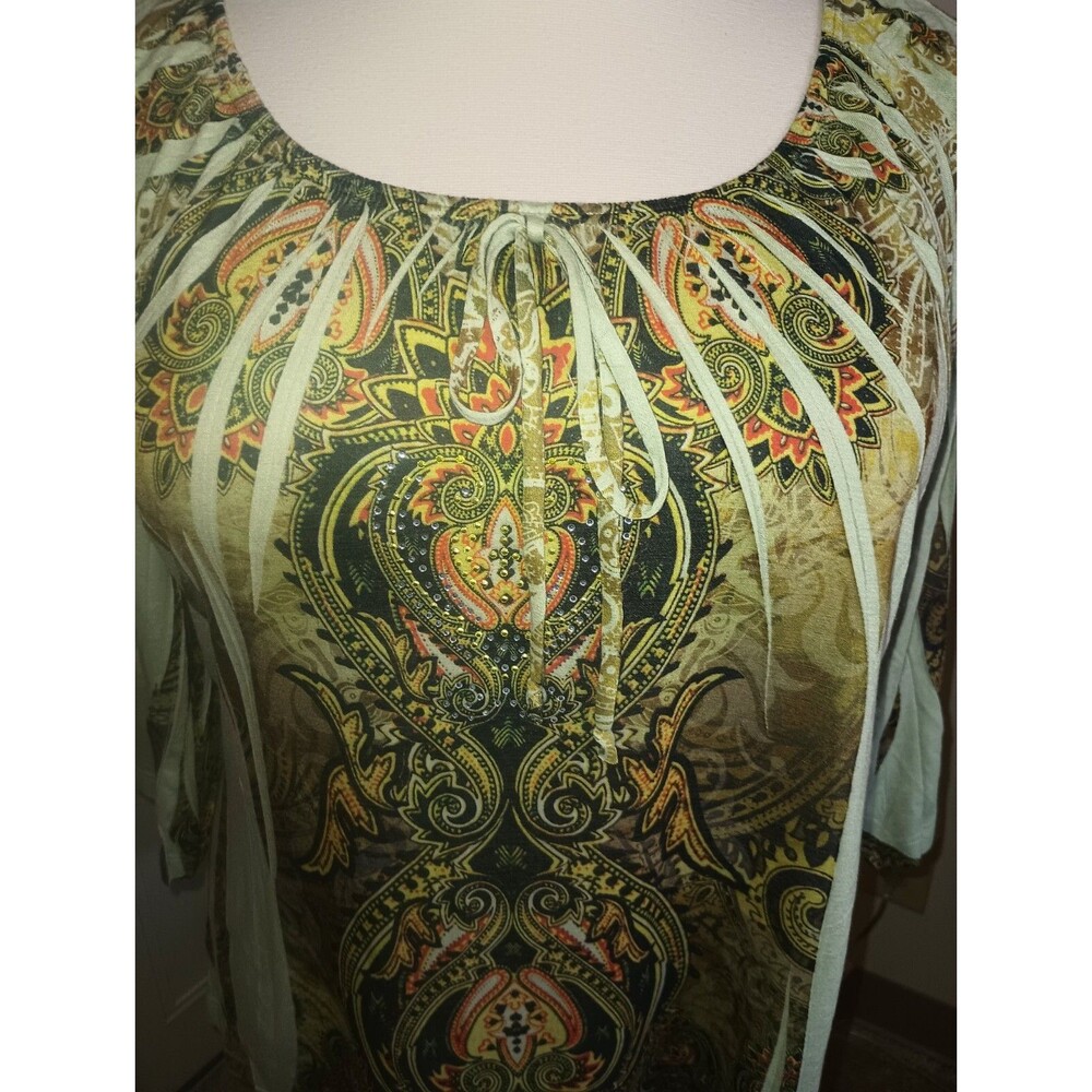 NWT SAINT TROPEZ WEST Womens 1X Boho Peasant Green Paisley Bling 3/4 Sleeve Top - Picture 4 of 12